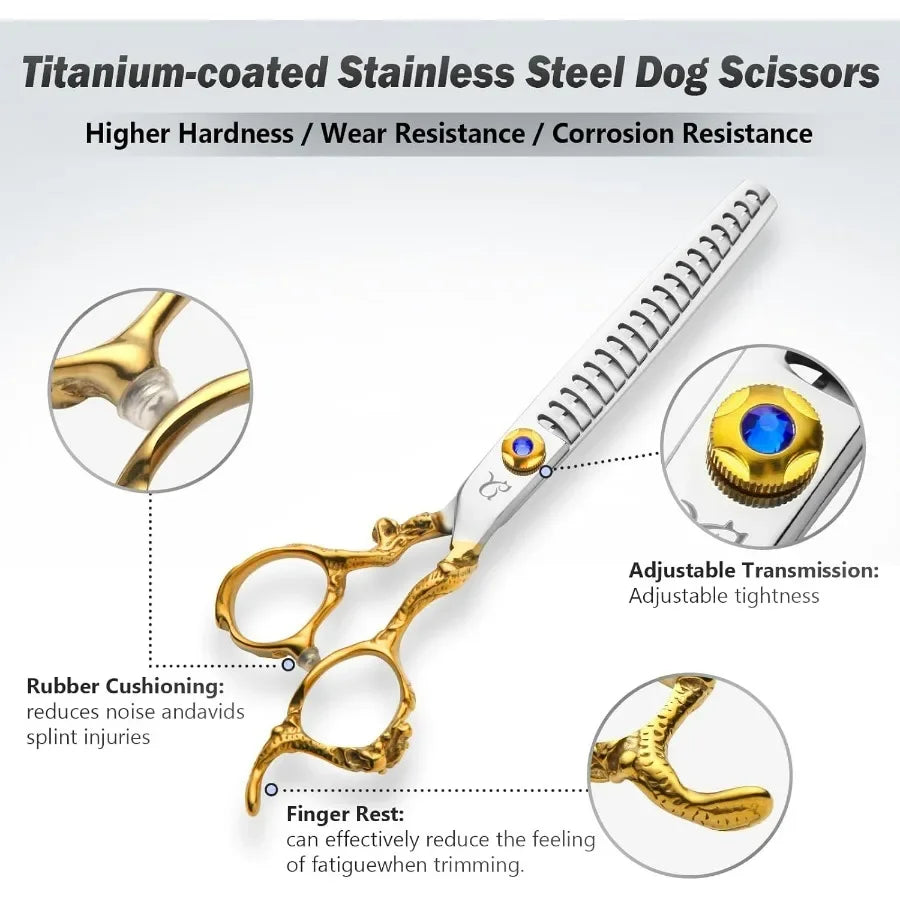 Dog Grooming ScissorsThinning Shear Chunkers Shears and Curved scissors with Safety Round Tips Sharp 3 in 1 Dog Scissors for Gr