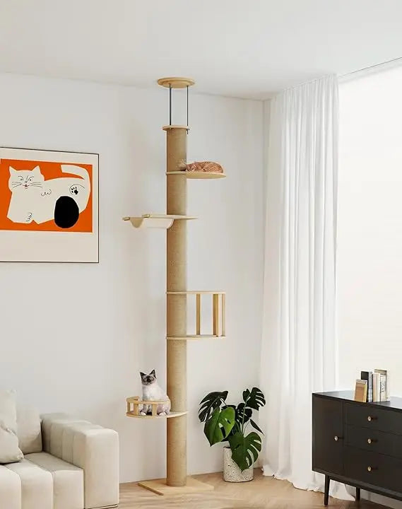 Floor-to-Ceiling Cat Tree, Adjustable (89-112 inches), Sturdy 5-Tier Tower for Large Cats. Features 5.5 Scratching Posts.