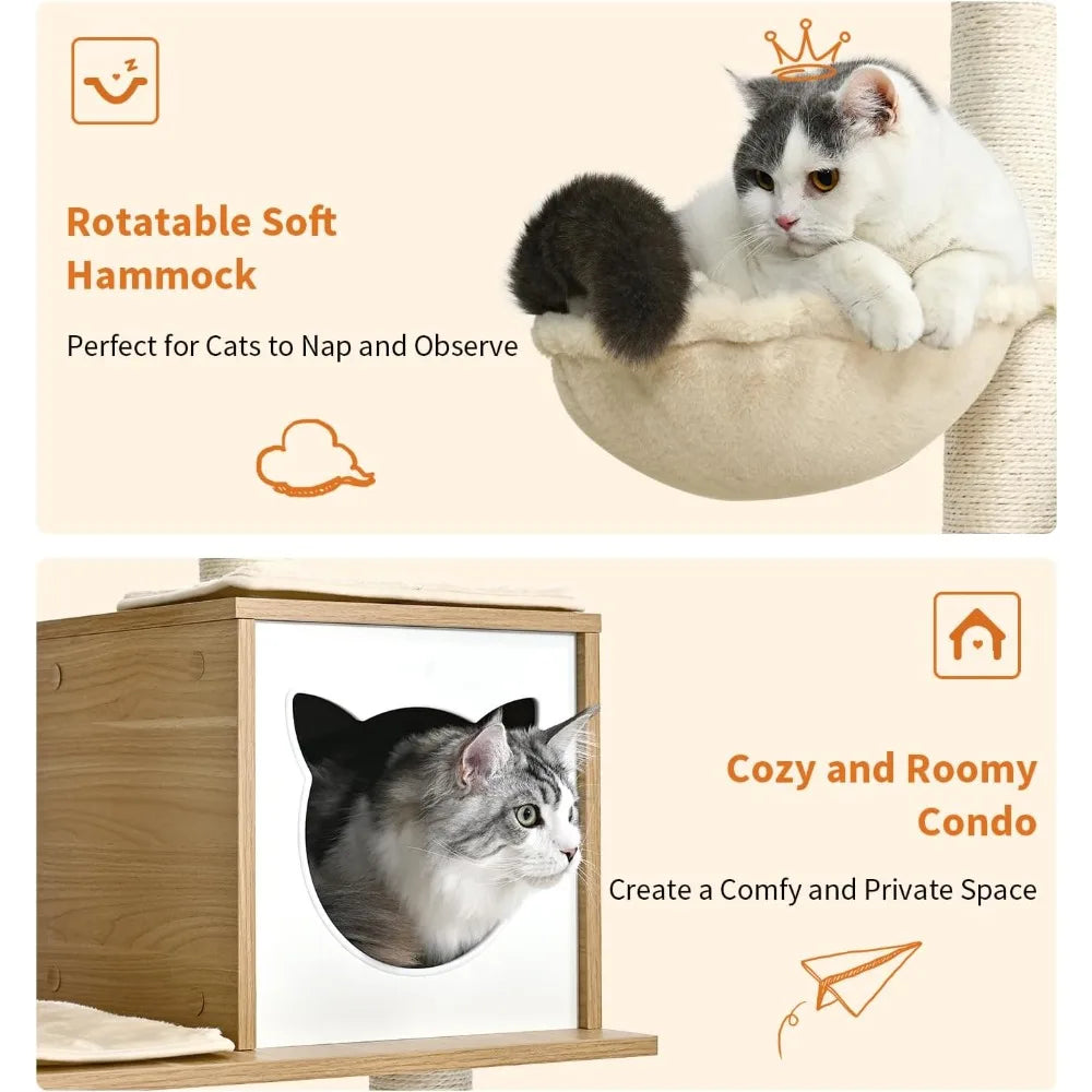 Made4Pets Cat Tree, Modern Cat Tree Tower for Indoor Cats - 65" Tall Wood Condo with Hammock, Scratching Post and Removable Pads