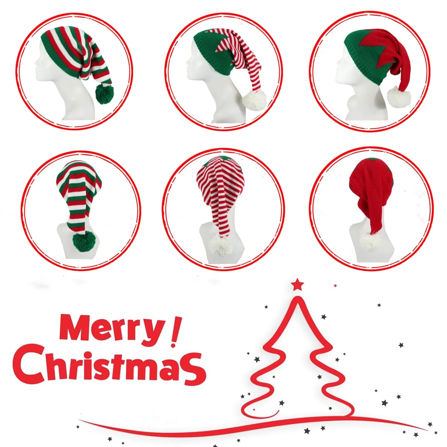 Adult Christmas Knitted Hat Elf Santa Beanies Santa Claus Red Green Striped Knitted Crochet Hat Merry Christmas Happy New Year