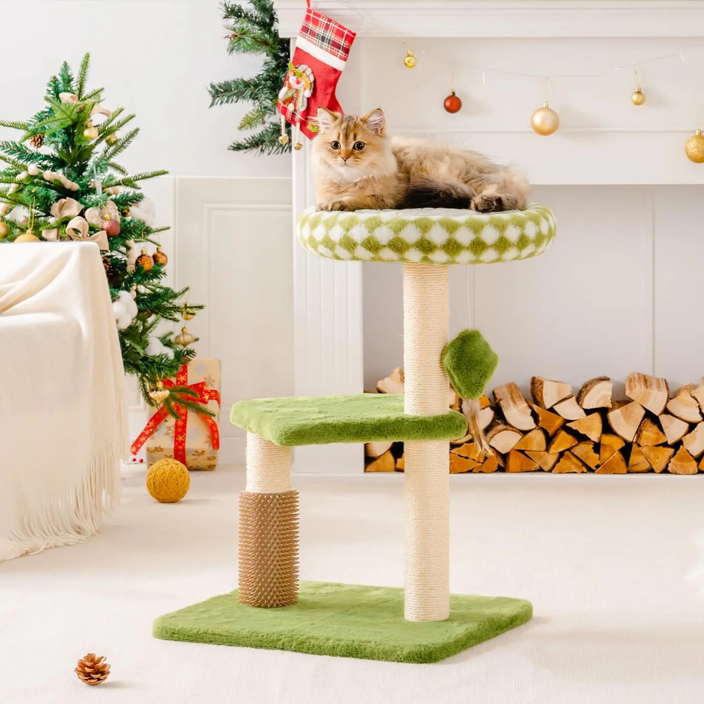 Mewoofun Cat Scratching Post Bed Small Cat Tower Sisal Cat Scratcher Cat Ball Track with Toys （Green Large)
