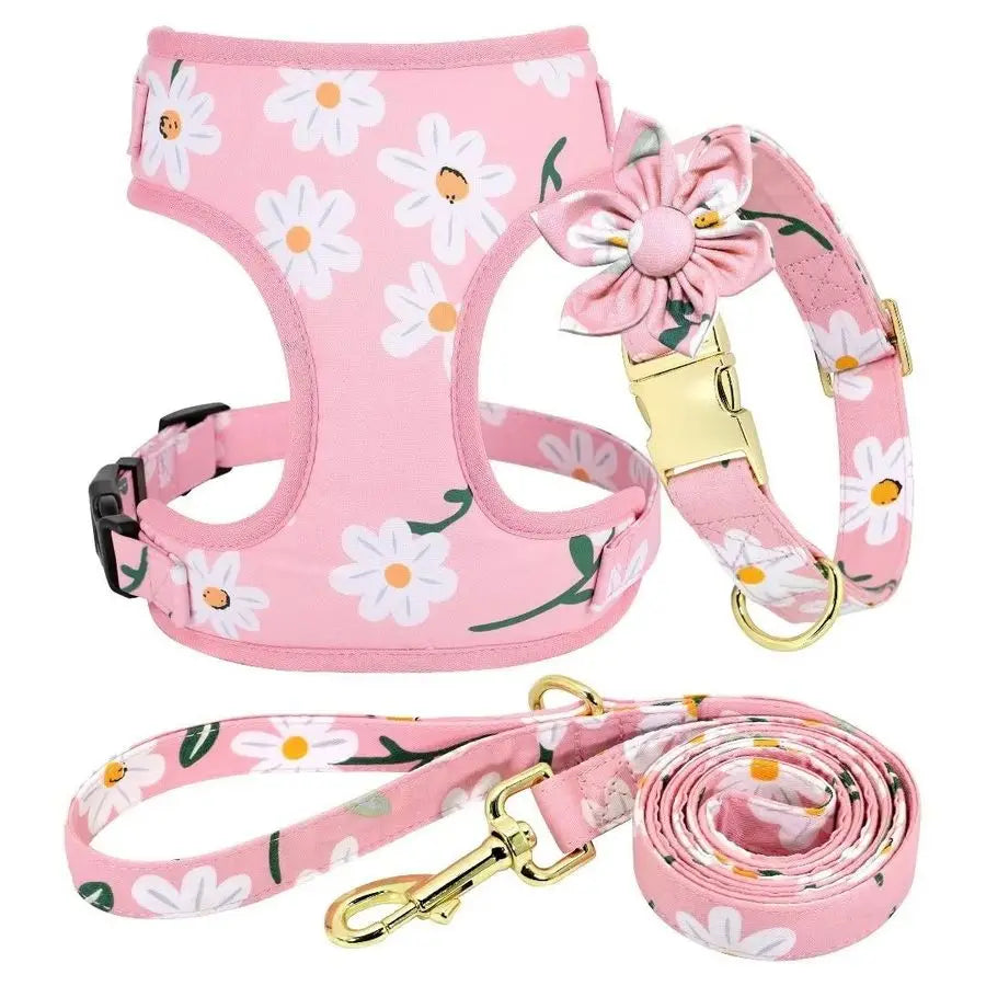Cute Girl Dog Collars, Harnesses amp Leashes Set Adjustable Dog Collar and Leash Set with Flower Soft Mesh Dog Vest Harness for
