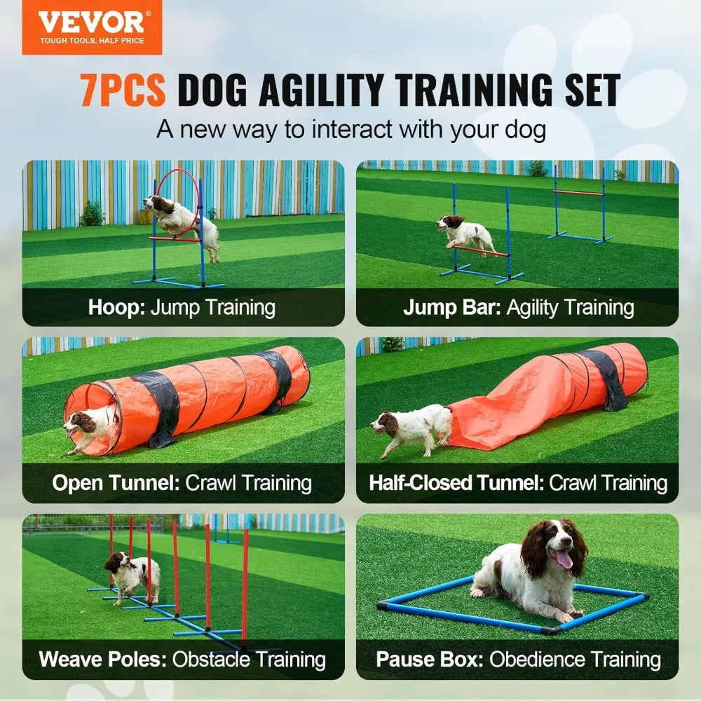 Dog Agility Course Backyard Set, 13pcs Agility Training Equipment for Dogs, 2 Tunnels with Sandbags,Adjustable Hurdles,Weave Po