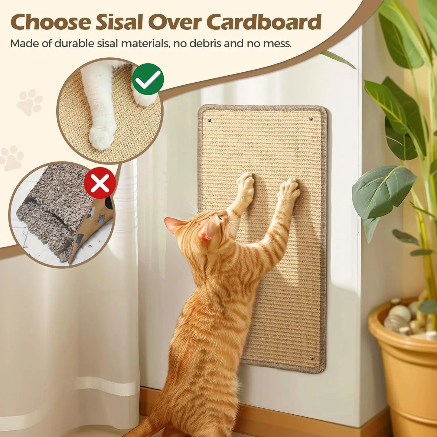 Wall Cat Scratching Board - Sisal Vertical Scratcher for Indoor Cats, Floor Mounted Pad with Adhesive, Reinstallable Protector