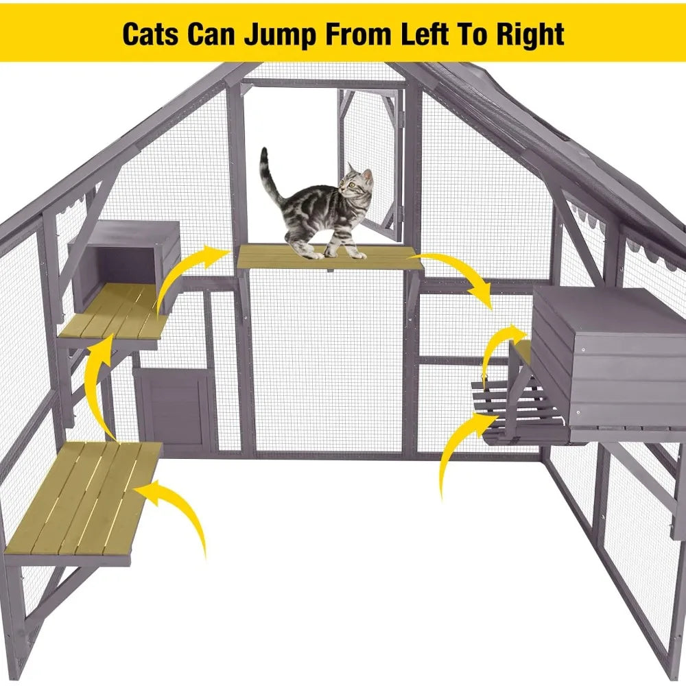 Catio Outdoor Cat Enclosure Large Cat Run with Bridges, Walks, Small Houses, Roof Cover 28.27 ft²