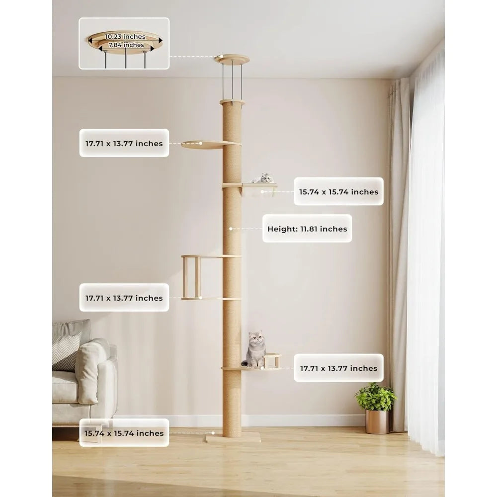 Floor-to-Ceiling Cat Tree, Adjustable (89-112 inches), Sturdy 5-Tier Tower for Large Cats. Features 5.5 Scratching Posts.