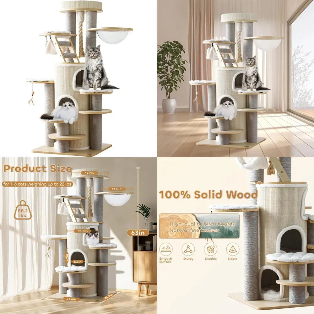 "63-inch tall solid wood indoor cat tree house for large maine coons - multi-level heavy duty luxury cat tower"