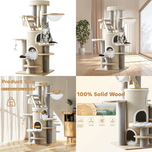 "63-inch tall solid wood indoor cat tree house for large maine coons - multi-level heavy duty luxury cat tower"