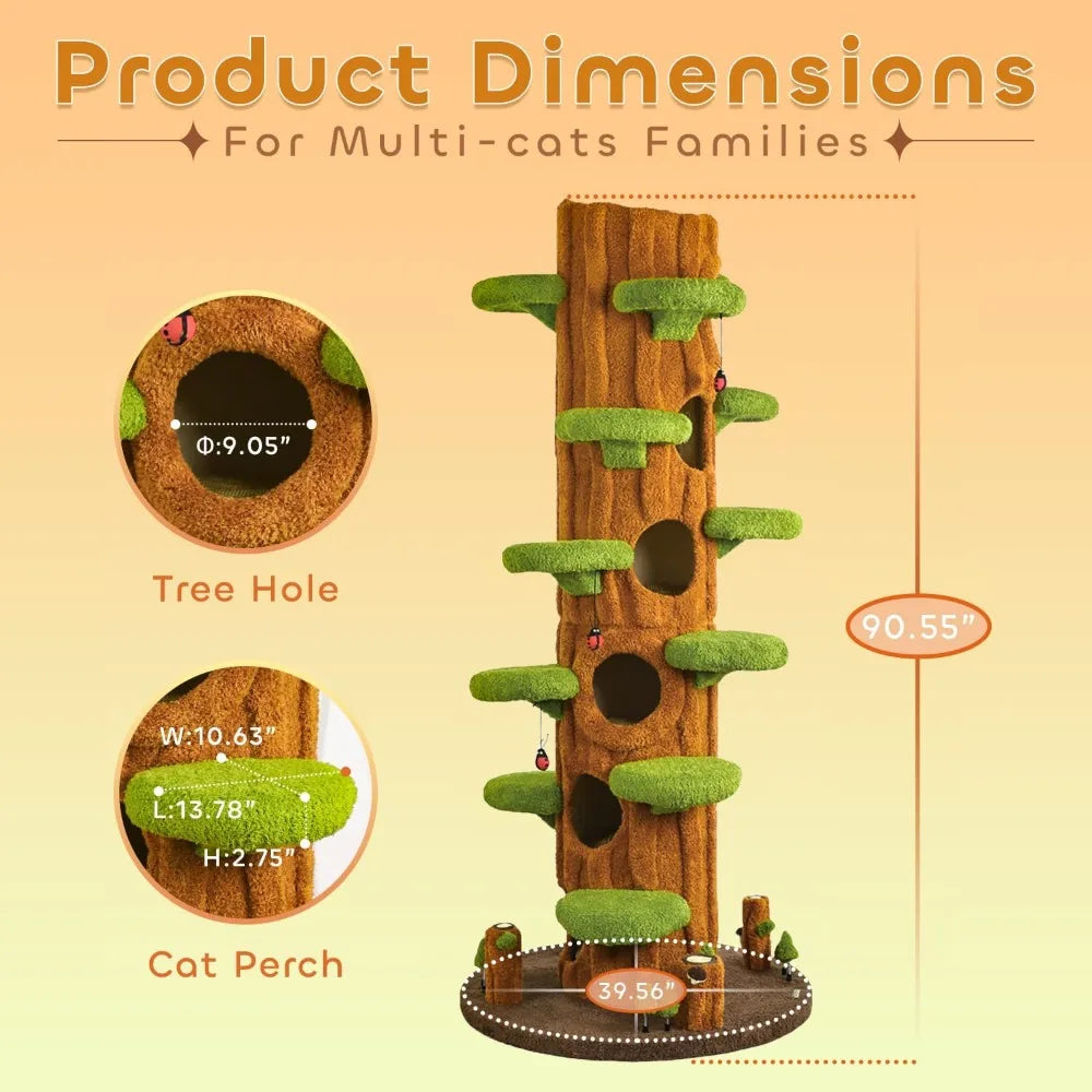 90.5'' Luxury Cat Tree for Indoor Cats, All-in-One Tall Cat Tower with Scratching Post, Multi-Level House, Solid Wood Condo for