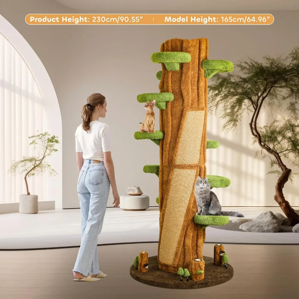 90.5'' Luxury Cat Tree for Indoor Cats, All-in-One Tall Cat Tower with Scratching Post, Multi-Level House, Solid Wood Condo for