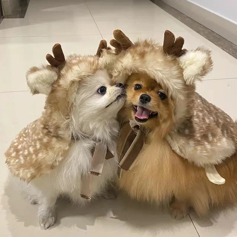 Pet Christmas Apparel Elk Cloak Dog Cat Warm Clothing Easy To Wear Clothes Hat Decorate Puppy Kitten Cape Pets Dress Up Winter