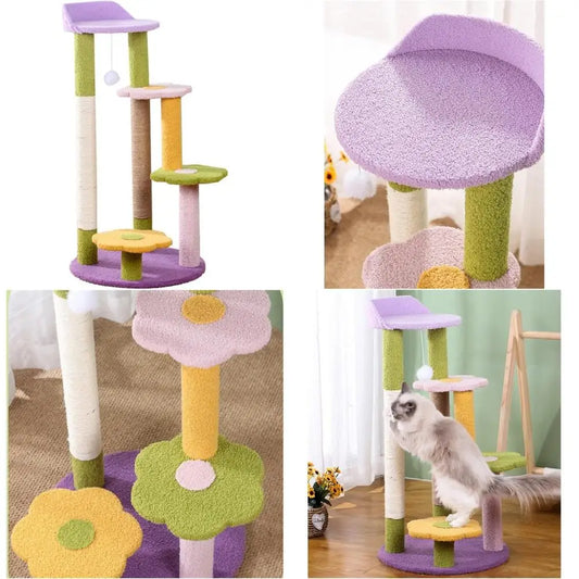 Three-Layer Cat Climbing Tower with Flower Design, Litter Included, Scratching Post, and Toys for One Cat's Play and Comfort