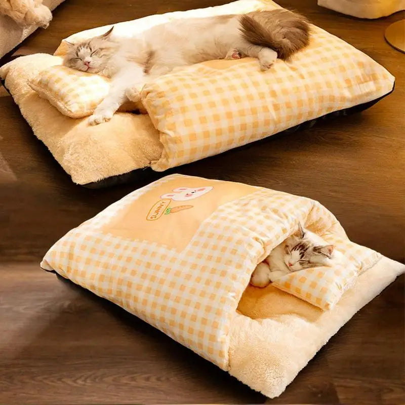 Cat Sleeping Bag Semi-Enclosed Puppy Kitten Warm Comfortable Bed With Pillow Plaid Pet Winter Thickened Plush Pocket Type Nest