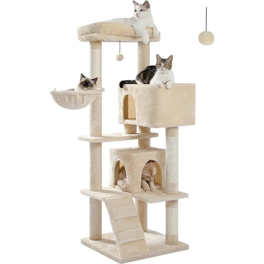 Multi-Level Beige Cat Tree with 56.2 Top Perch, Hammock, Sling Bag, Scratching Posts, and 2 Condo Houses