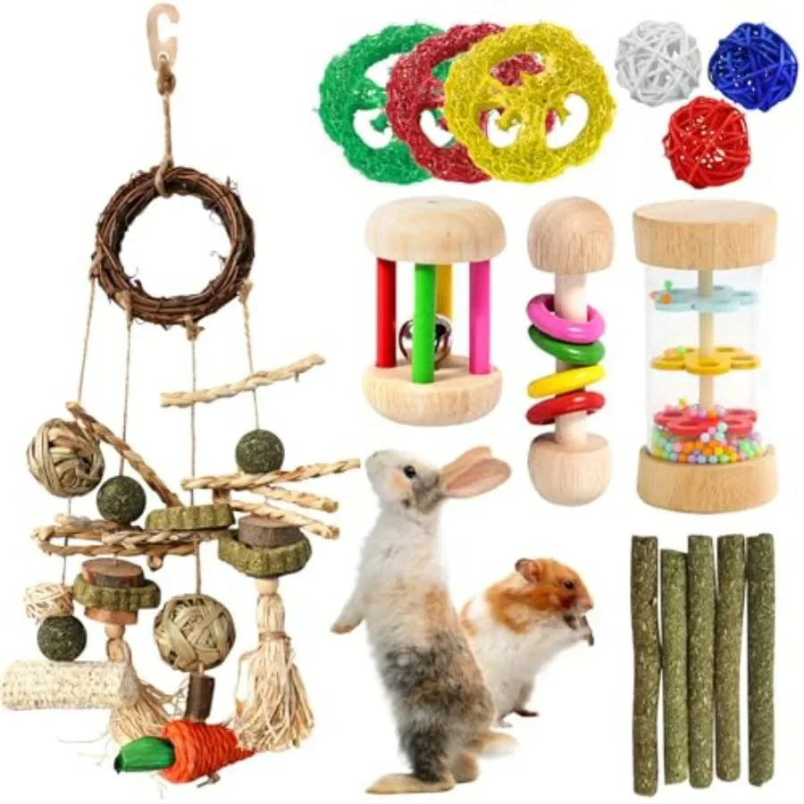 15PCS Rabbit Toys for Bunnies Boredom Enrichment with Chinchilla Hamster Rat Guinea Pig Bunny Toys for Rabbits Indoor Wooden Ha