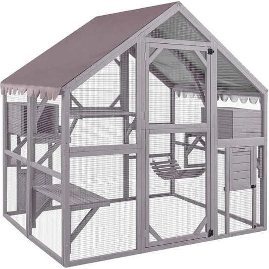 Catio Outdoor Cat Enclosure Large Cat Run with Bridges, Walks, Small Houses, Roof Cover 28.27 ft²
