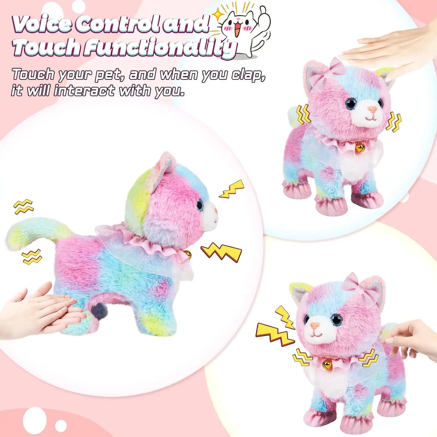 Touch&Voice Controlled Remote Lifelike Walking Cat Toy with Leash,Can Walk, Meow, and Wags Tail, Best Gift for Girls Ages 3+