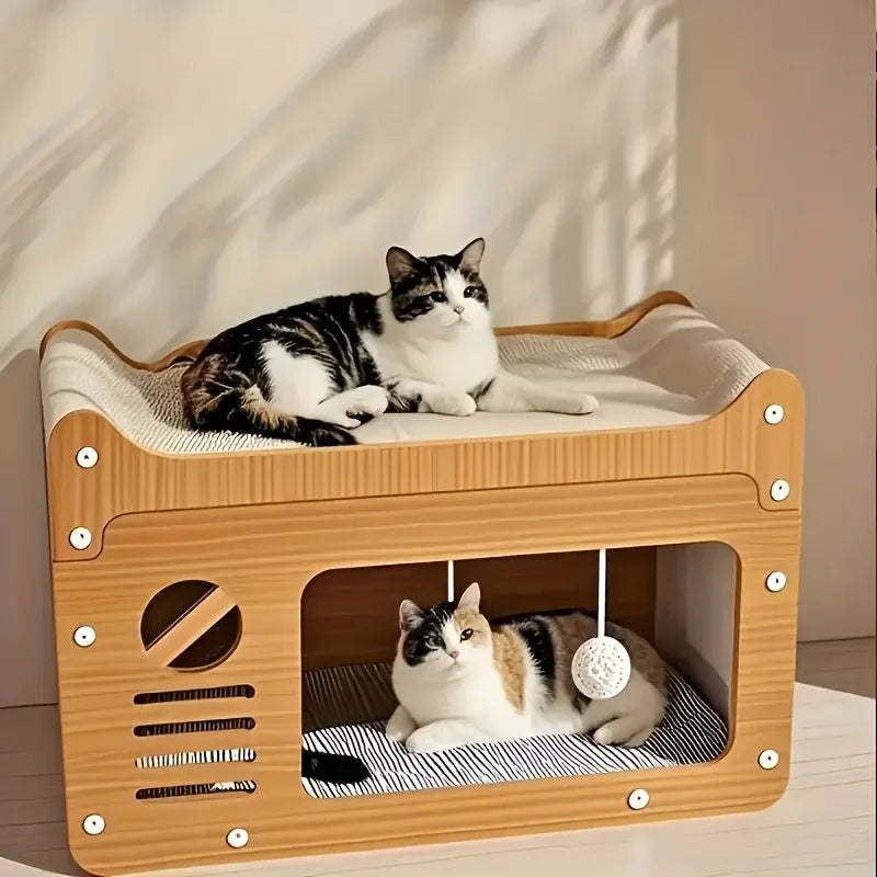 Large Indoor Cat House with Scratching Post, Durable Structure, Suitable for Cats to Rest and Play