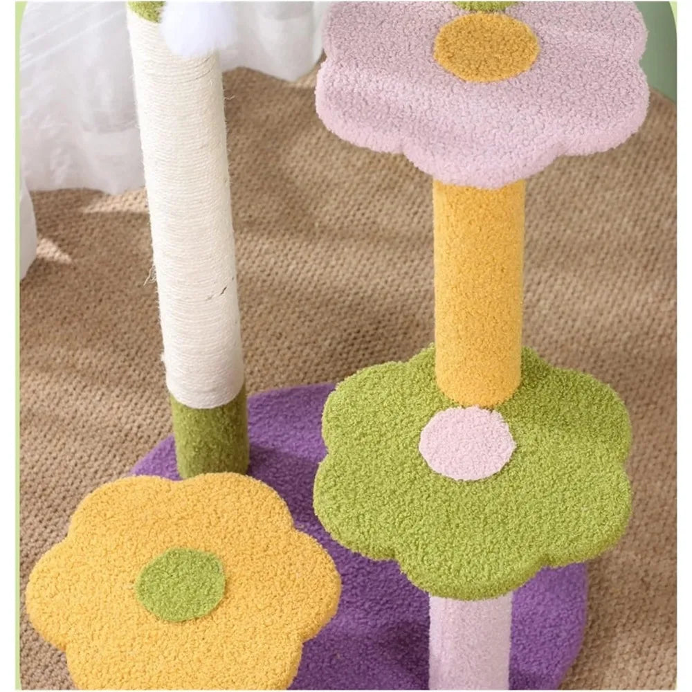 Three-Layer Cat Climbing Tower with Flower Design, Litter Included, Scratching Post, and Toys for One Cat's Play and Comfort