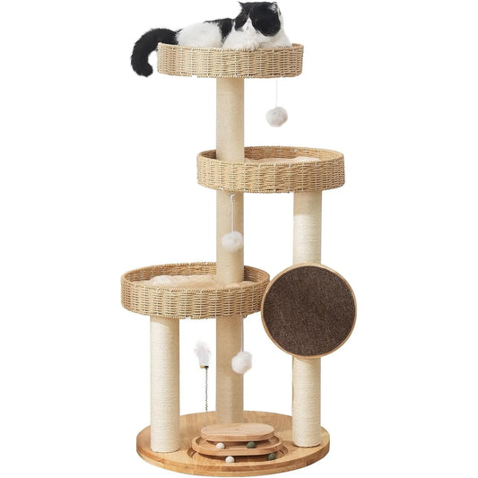 Cat Tree,Modern Cat Tower  Scratching Posts, Hand-Woven Beds & Toys | Heavy-Duty 20lbs Capacity,Indoor Cat Furnit