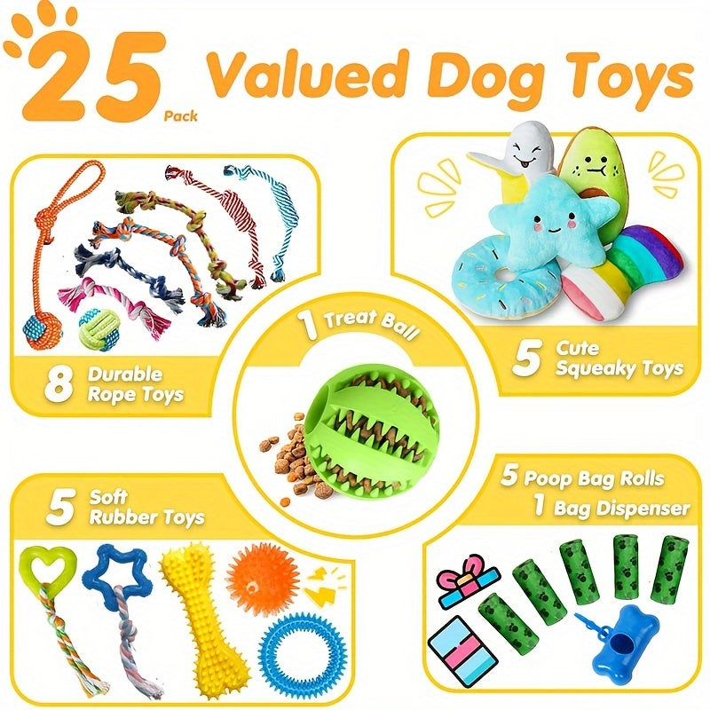 25pcs Luxury Dog Chew Toys for Puppy, Dog Toys with Ropes Puppy Chew Toys, Treat Ball And Squeaky Puppy Toys for Teething Small Dogs