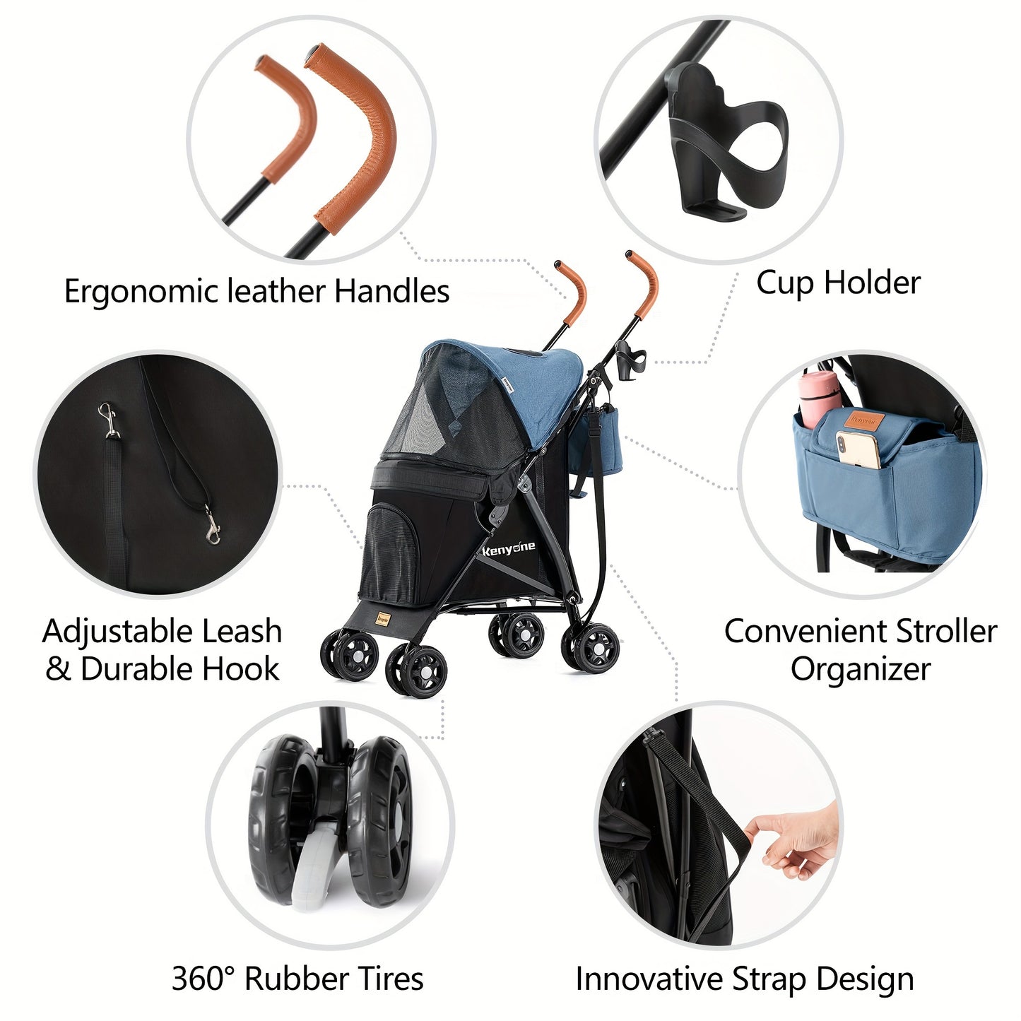 Kenyone Dog Stroller For Small Dogs & Cats - Lightweight, Premium, Portable & Compact Travel Stroller - For Puppies, Small & Medium Dogs & Cats - Suitable for Everyday Walks & Travel - Perfect Gift for Pet Owners