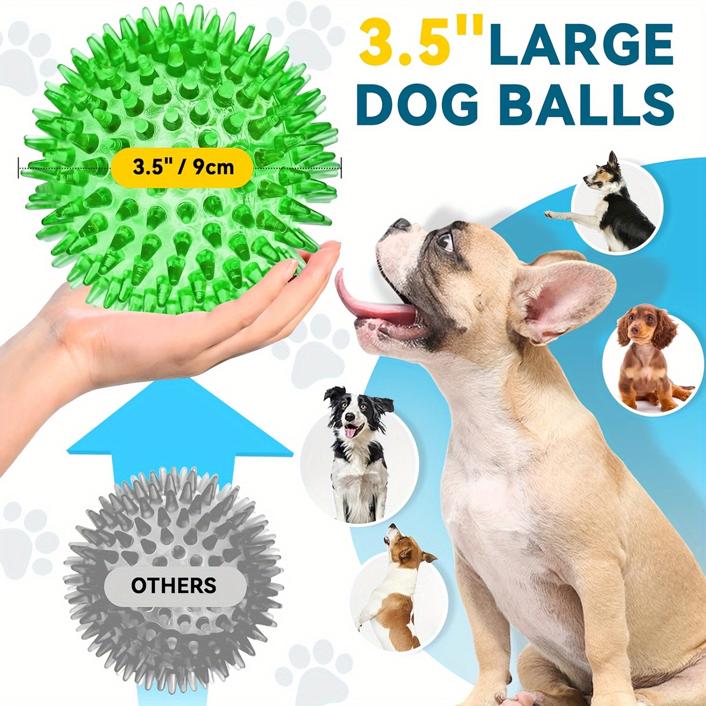 3.5" Large Dog Toys Ball, 6 Pack Squeaky Dog Toys, Durable Dog Toys For Aggressive Chewers, Spiky Dog Ball For Clean Teeth And Training, Fetch Toys For Large Dogs, Puppy Chew Toys For Teething