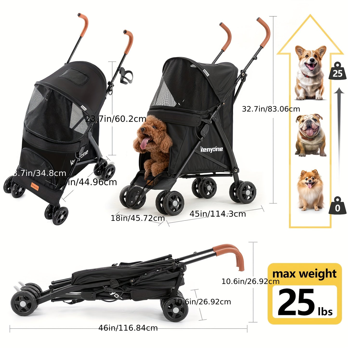 Kenyone Dog Stroller For Small Dogs & Cats - Lightweight, Premium, Portable & Compact Travel Stroller - For Puppies, Small & Medium Dogs & Cats - Suitable for Everyday Walks & Travel - Perfect Gift for Pet Owners